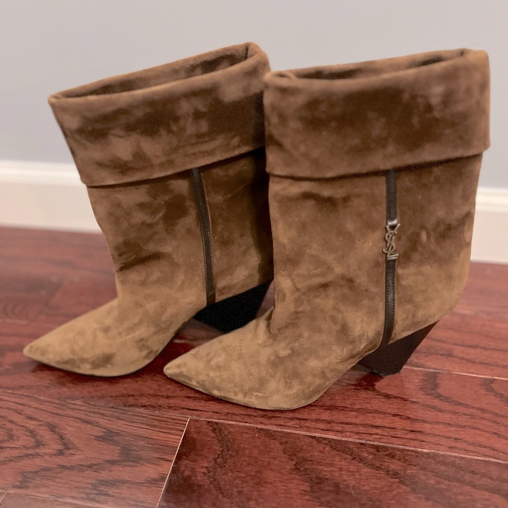 YSL $1350 Saint Laurent Liz Suede Cone-Heel Boots Shoes Sz 37 1/2.  Women 7
